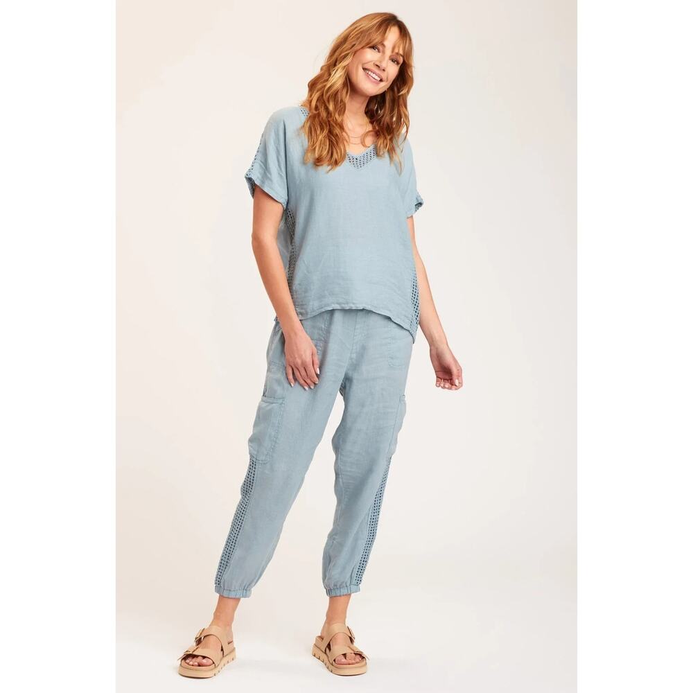 XCVI Otis Linen Joggers Peaceful Blue Mesh Knit Womens XS